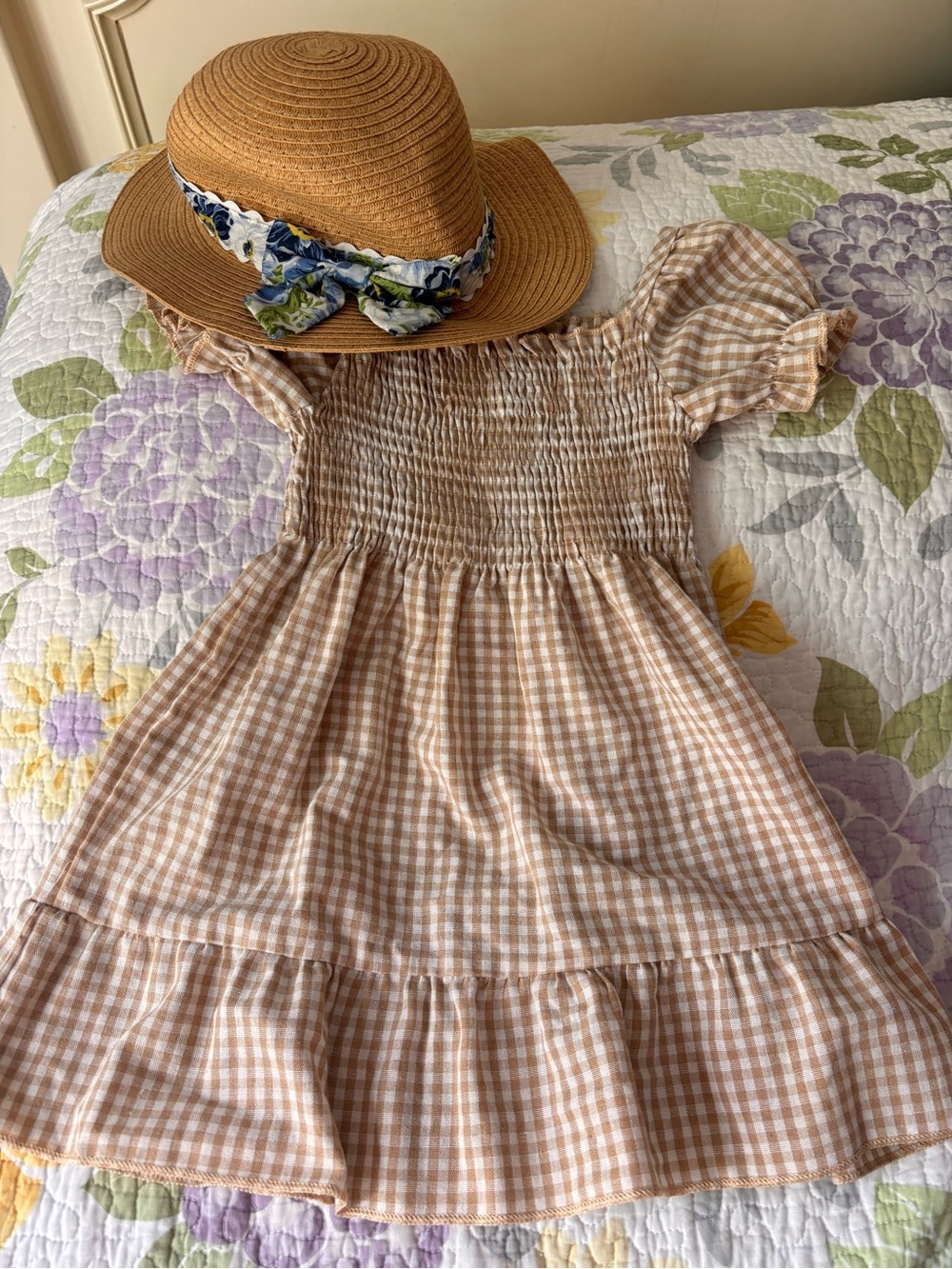 Girls' Beige Gingham Smocked Dress